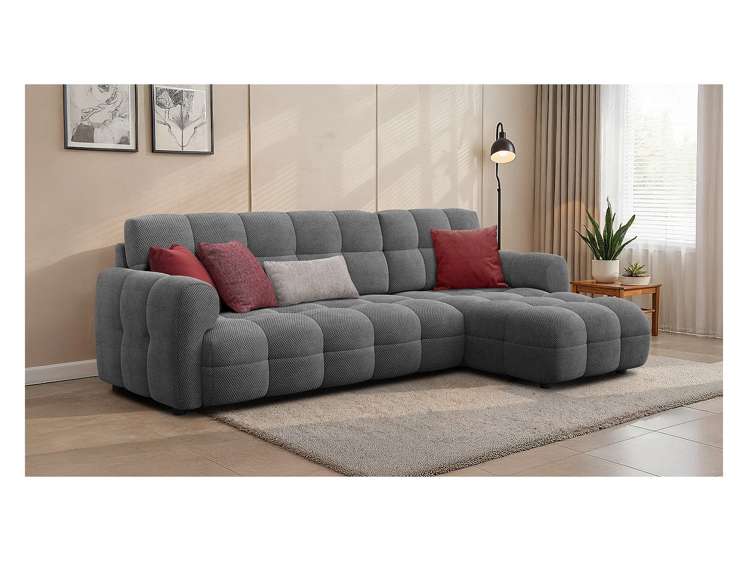 CANAPÉ D'ANGLE MELLOW 4 places, tissu gris