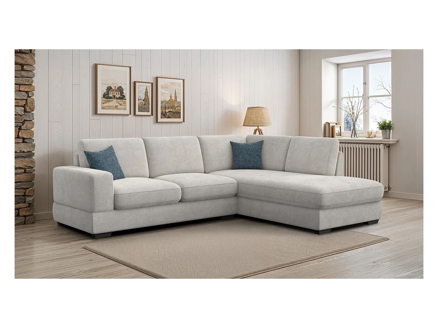 Canapé d'angle droit 5 places OTTO, tissu crème