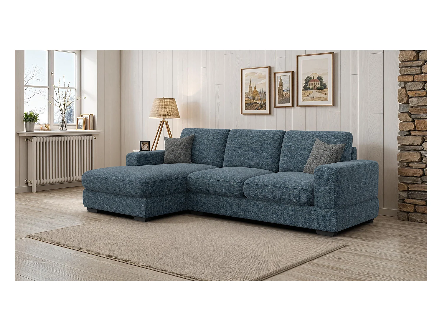 Canapé d'angle gauche 4 places OTTO, tissu bleu marine