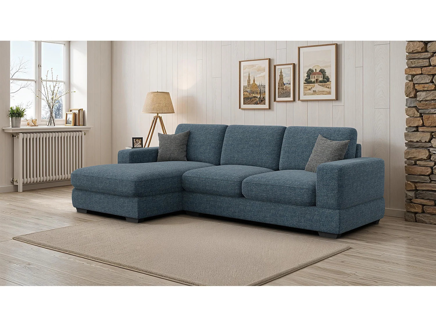 Canapé d'angle gauche 4 places OTTO, tissu bleu marine