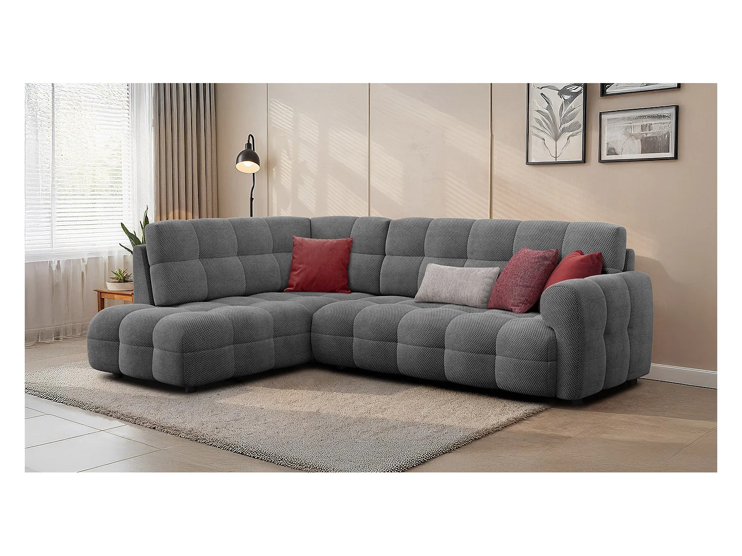 CANAPÉ D'ANGLE MELLOW 5 places, tissu gris