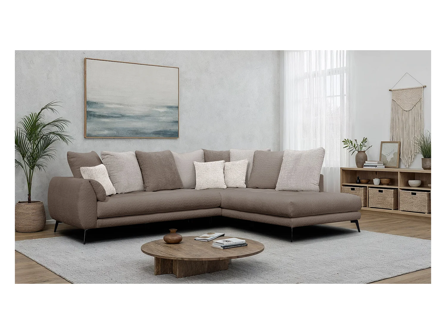 Canapé d'angle 5 places CALME, tissu beige et écru