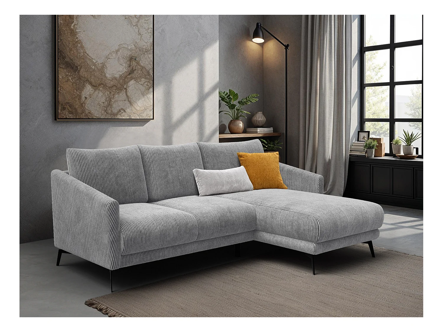 Canapé d'angle droit 3 places VILT, tissu gris clair