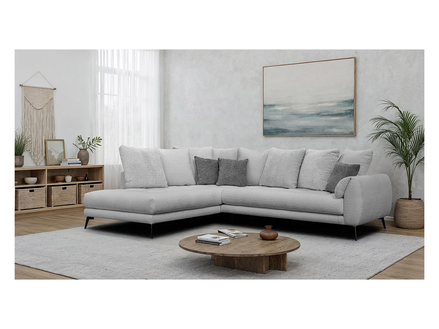 Canapé d'angle 5 places CALME, tissu gris clair