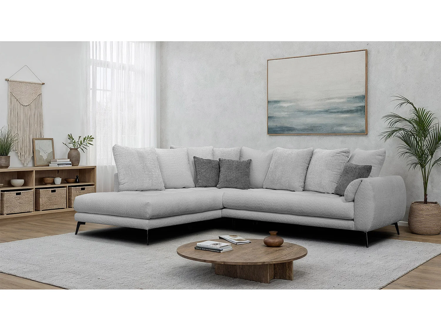 Canapé d'angle 5 places CALME, tissu gris clair