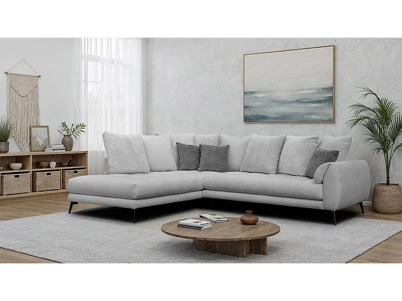 Canapé d'angle 5 places CALME, tissu gris clair