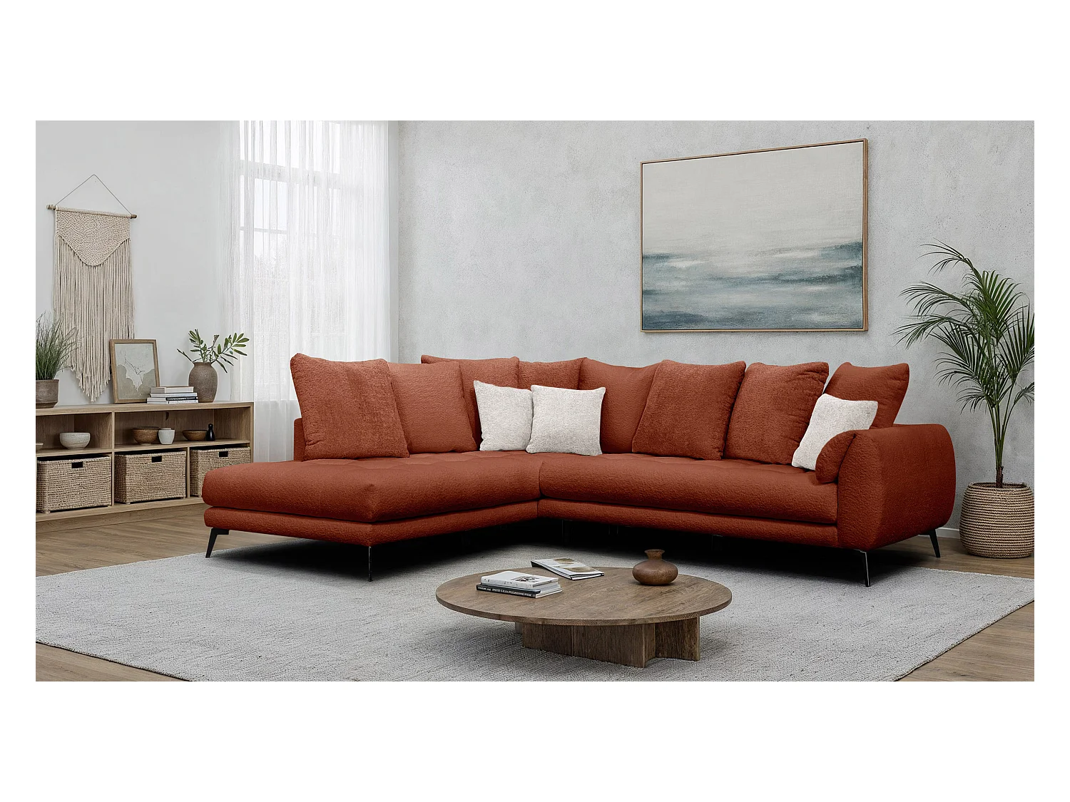 Canapé d'angle 5 places CALME, tissu orange foncé