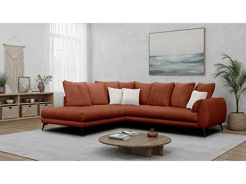 Canapé d'angle 5 places CALME, tissu orange foncé