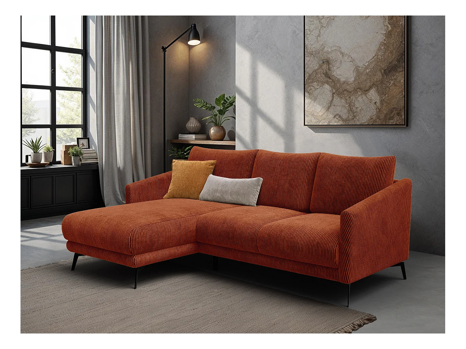 Canapé d'angle gauche 3 places VILT, tissu orange