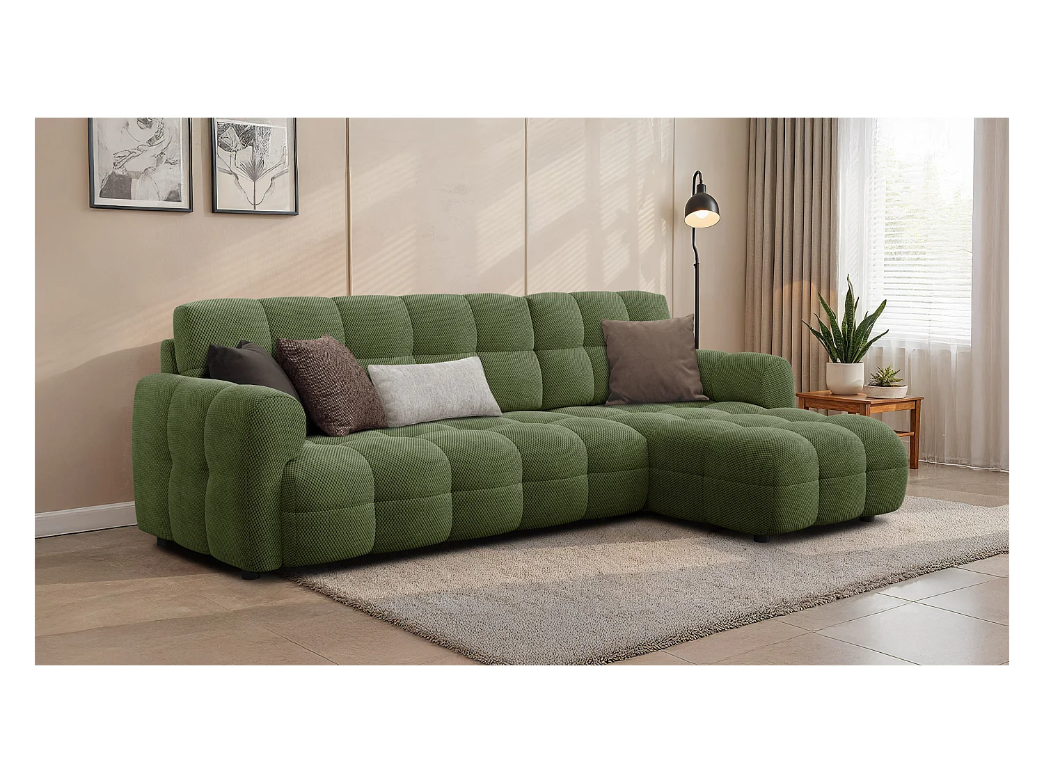 CANAPÉ D'ANGLE MELLOW 4 places, tissu vert