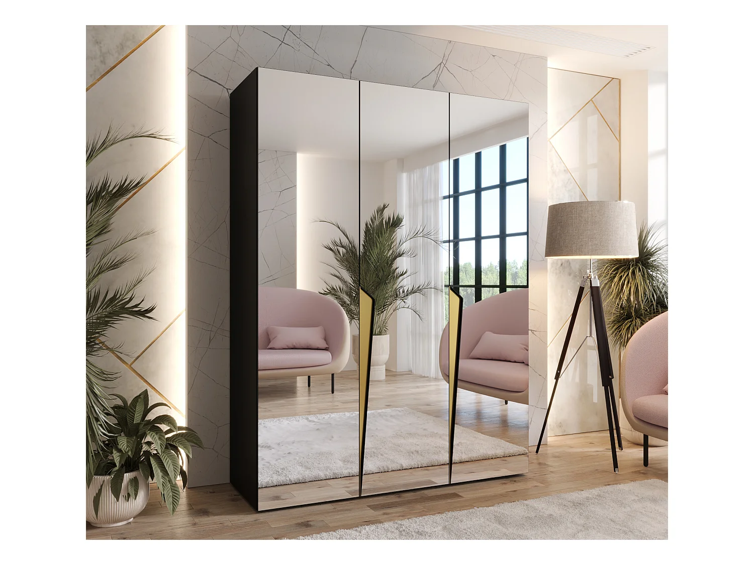 Armadio con ante a battente Piano 3 150 / 202 / 52 (Nero + Maniglie: Oro)