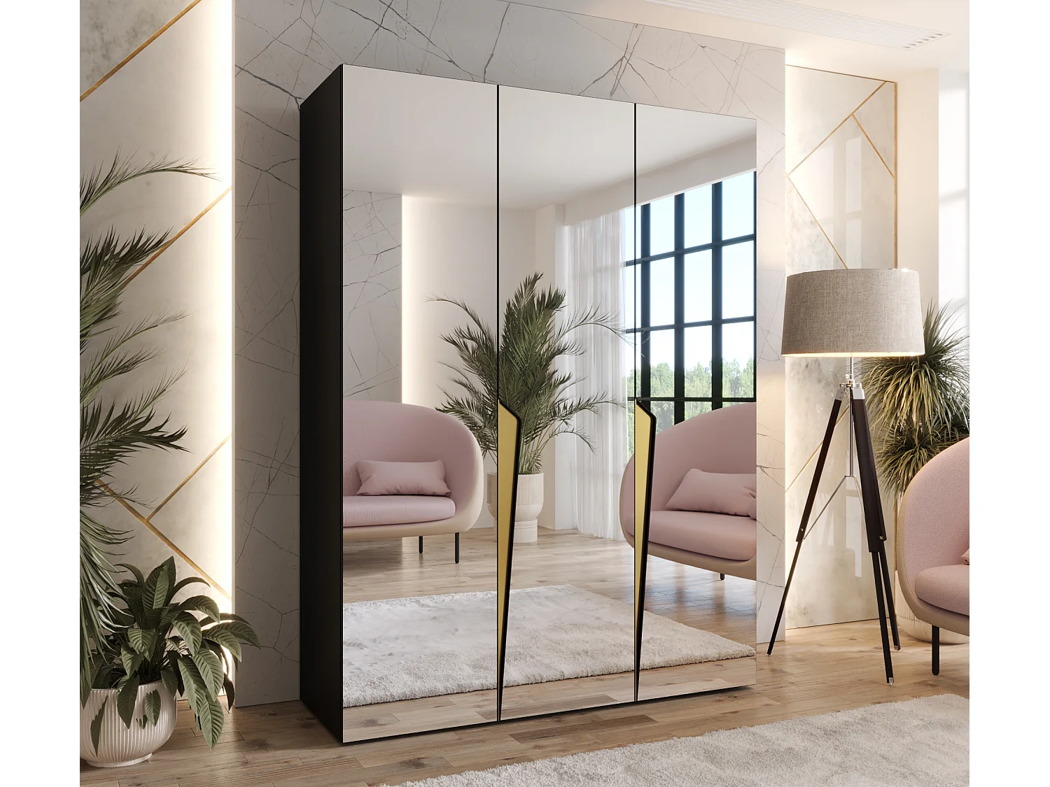 Armoire à portes battantes Piano 3 150 / 202 / 52 (Noir + poignées: Gold)