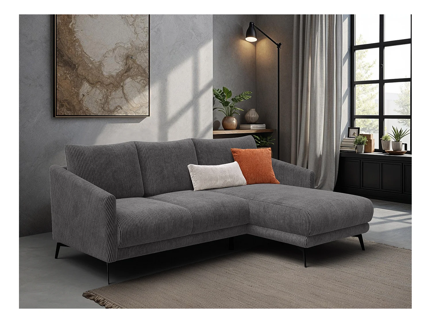 Canapé d'angle droit 3 places VILT, tissu gris foncé