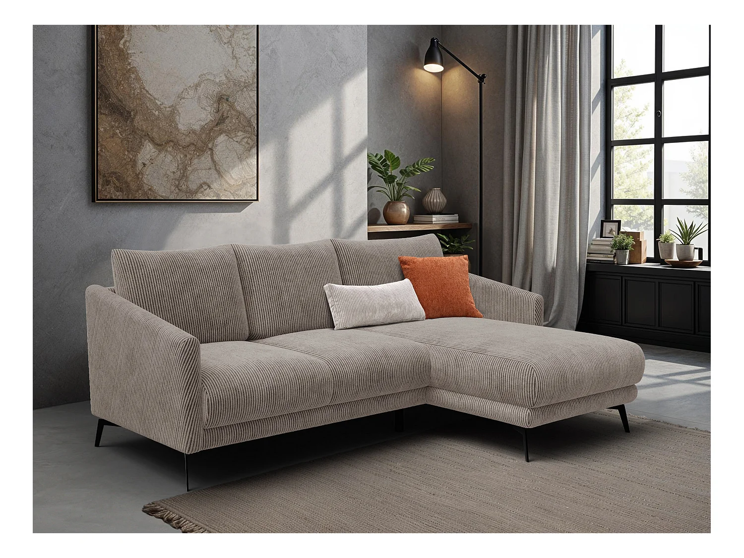 Canapé d'angle droit 3 places VILT, tissu taupe