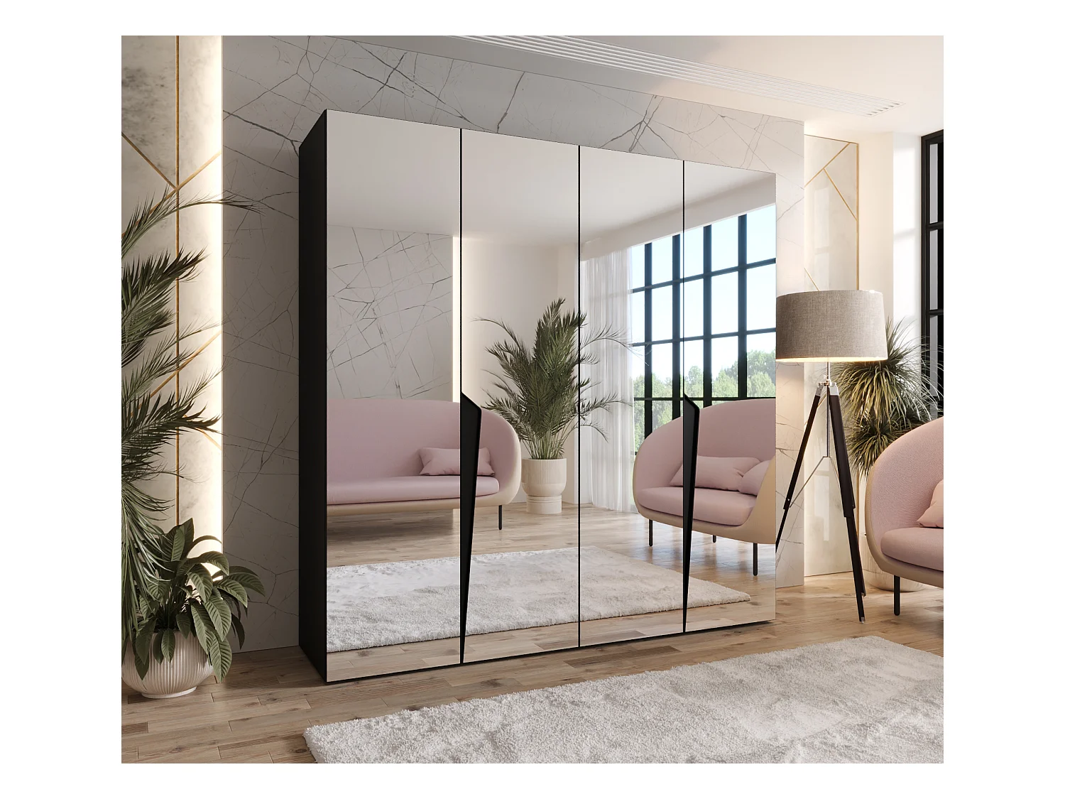 Armadio con ante a battente Piano 3 200 / 202 / 52 (Nero + Maniglie: Nero)