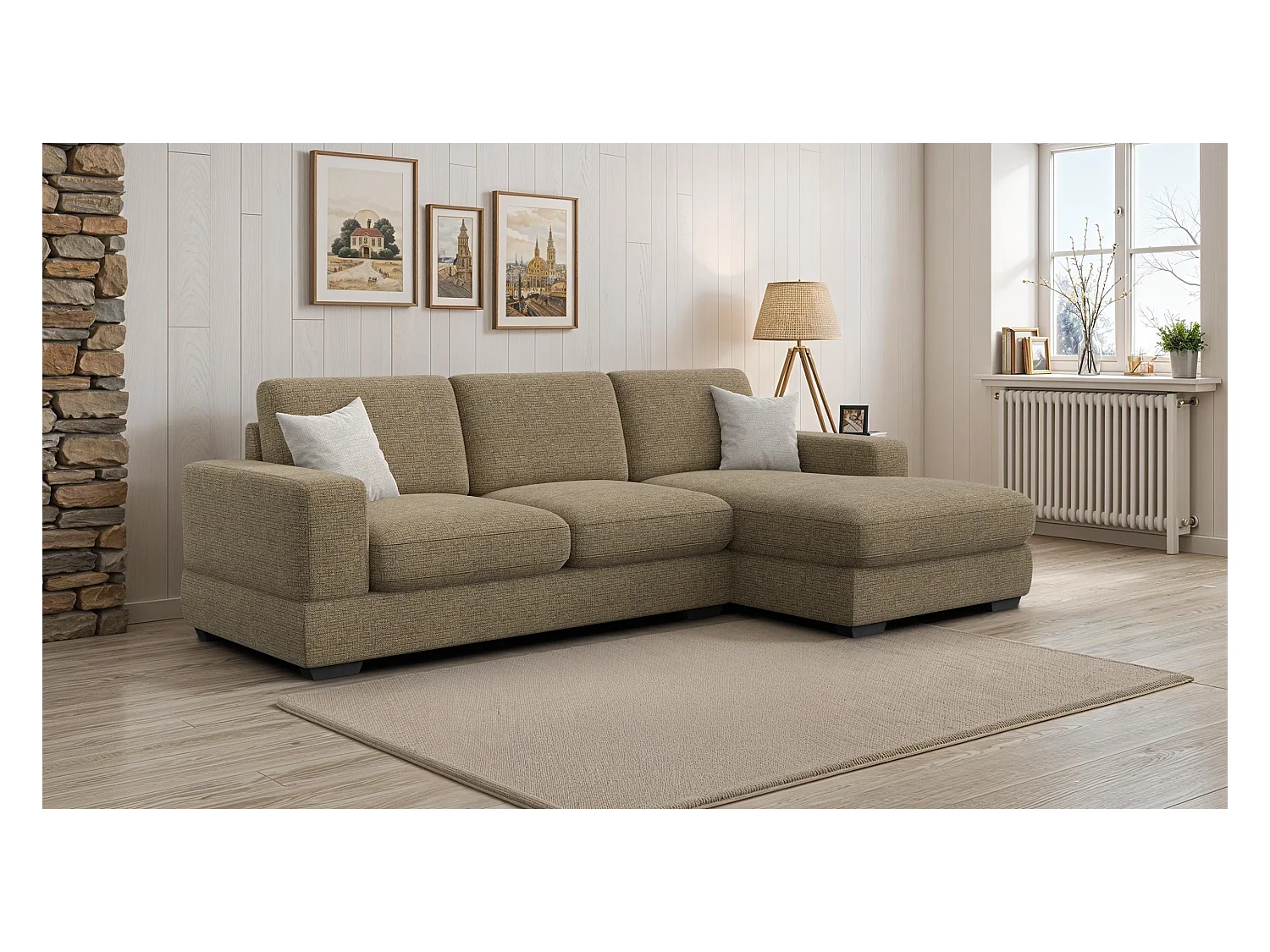 Canapé d'angle droit 4 places OTTO, tissu taupe