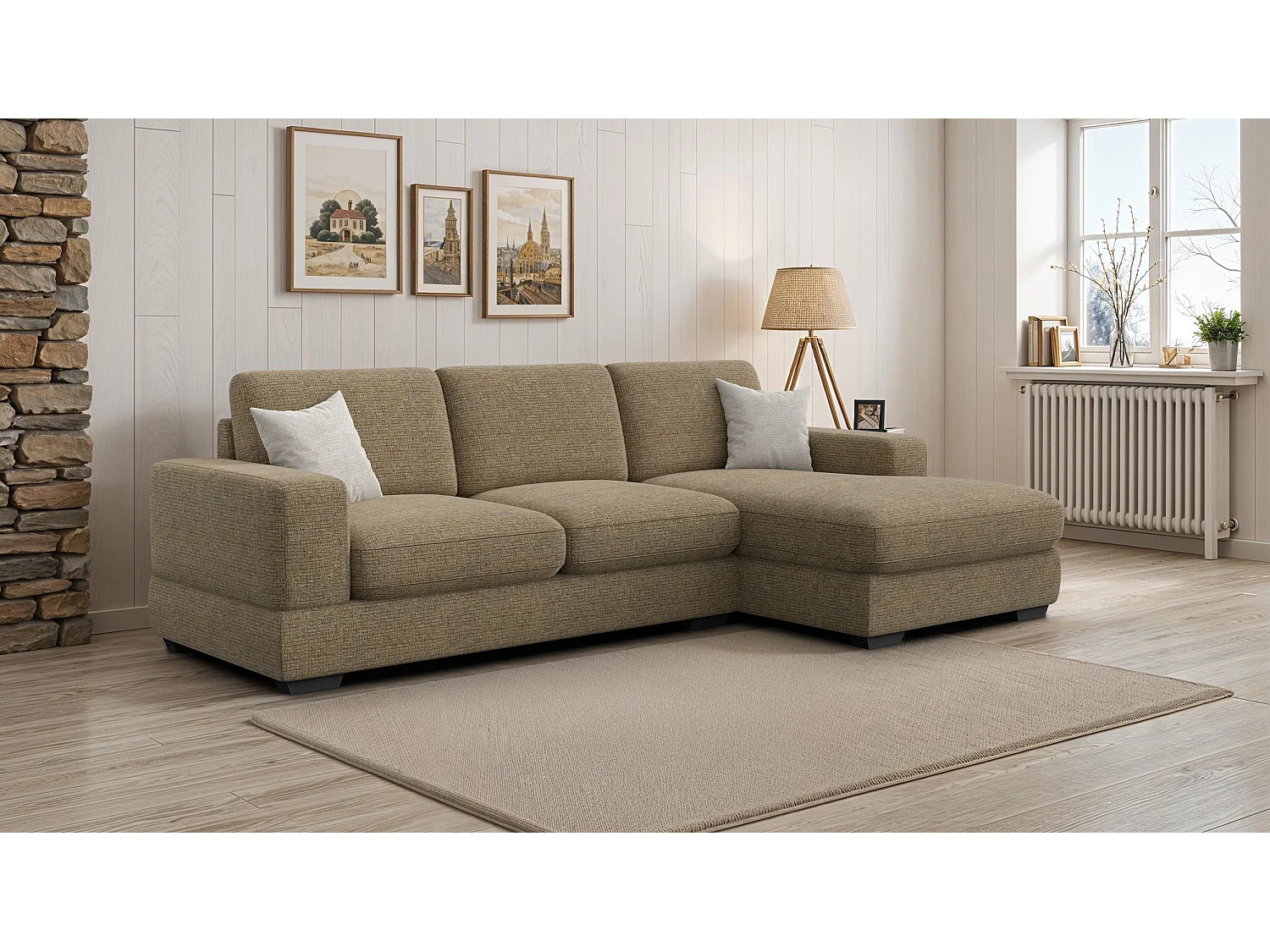 Canapé d'angle droit 4 places OTTO, tissu taupe