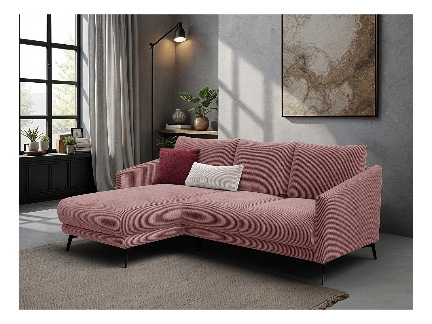 Canapé d'angle gauche 3 places VILT, tissu rose