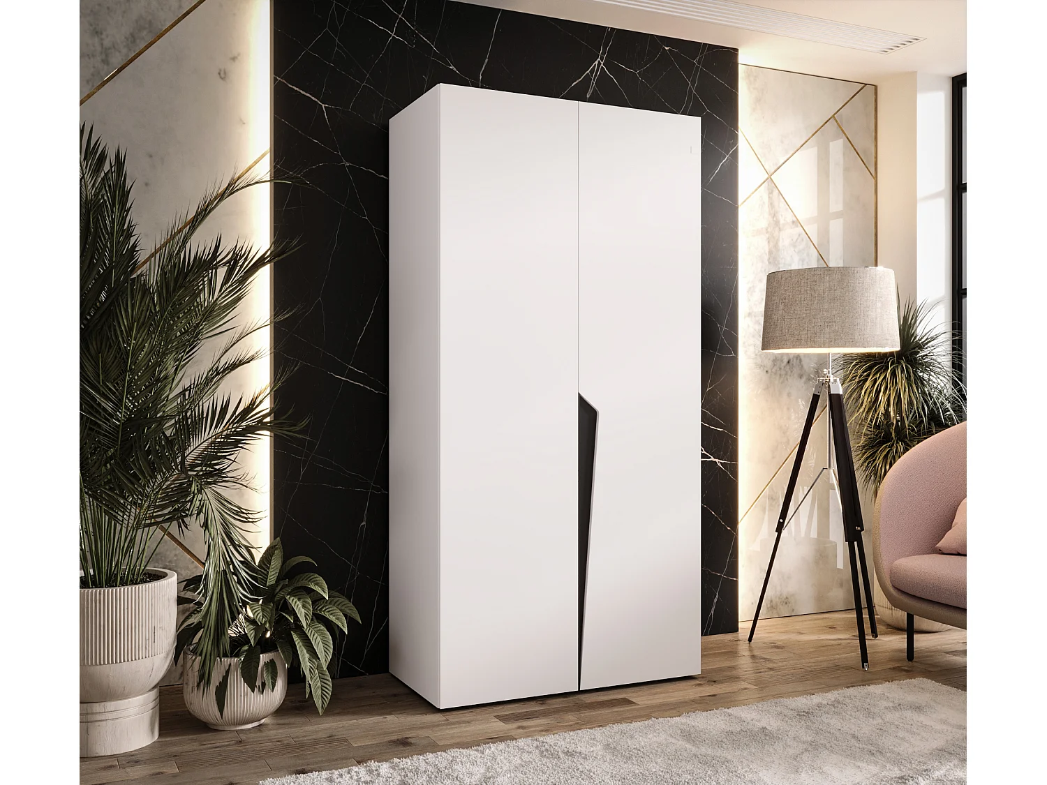 Armoire à portes battantes Piano 1 100 / 202 / 52 (Blanc + poignées: Noir)