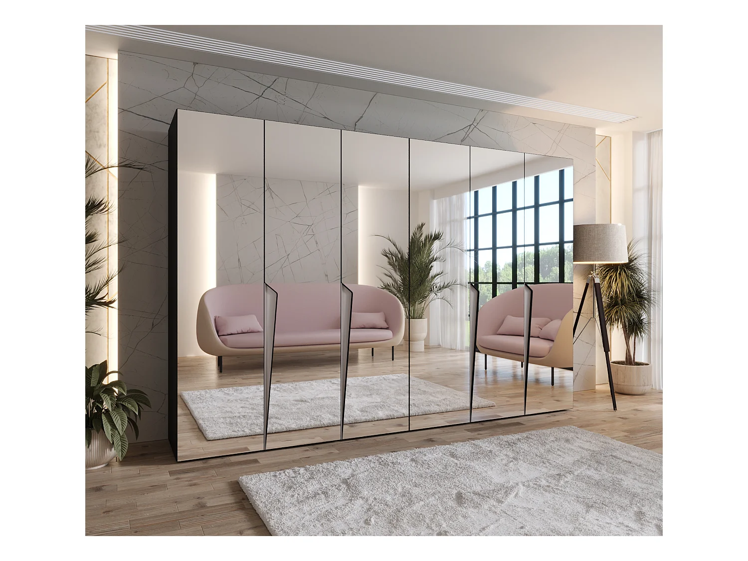 Armadio con ante a battente Piano 3 300 (150x2) / 202 / 52 (Nero + Maniglie: Cashmere)