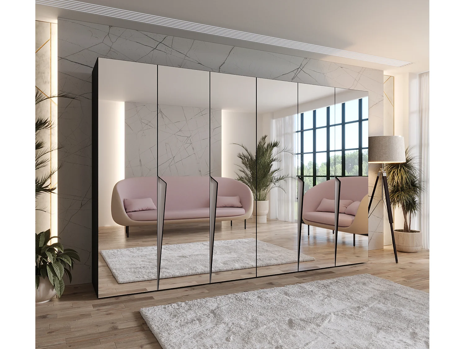 Draaideurkast Piano 3 300 (150x2) / 202 / 52 (Zwart + handgrepen: Kasjmier)