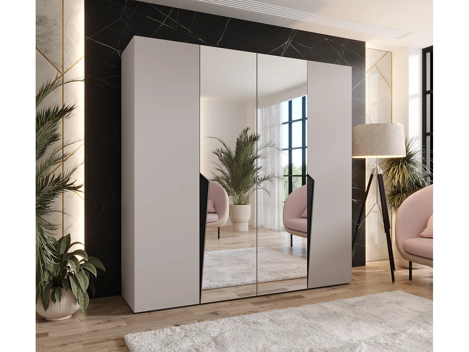 Drehtürenschrank Piano 2 200 / 202 / 52 (Kaschmir + Griffe: Schwarz)