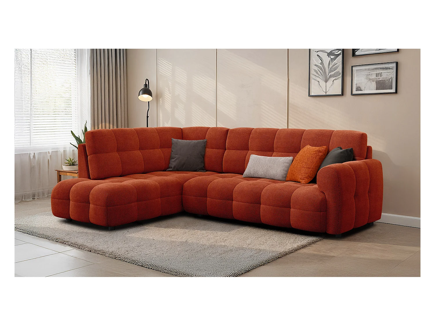 CANAPÉ D'ANGLE MELLOW 5 places, tissu orange