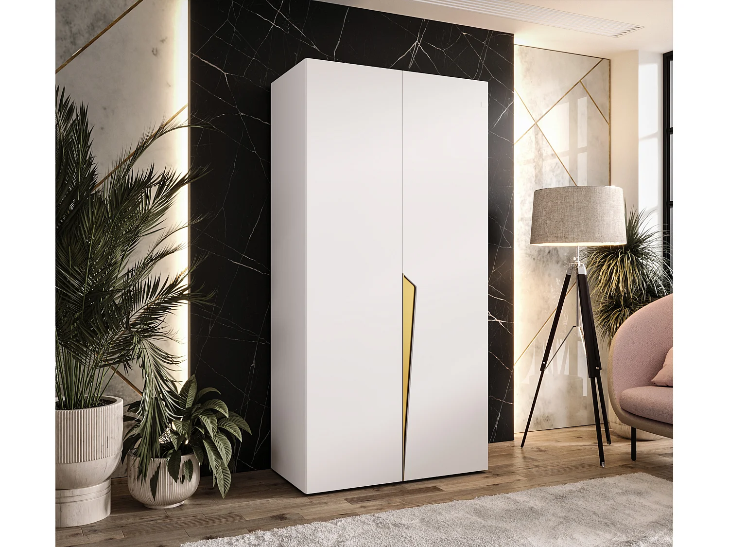 Drehtürenschrank Piano 1 100 / 202 / 52 (Weiß + Griffe: Gold)