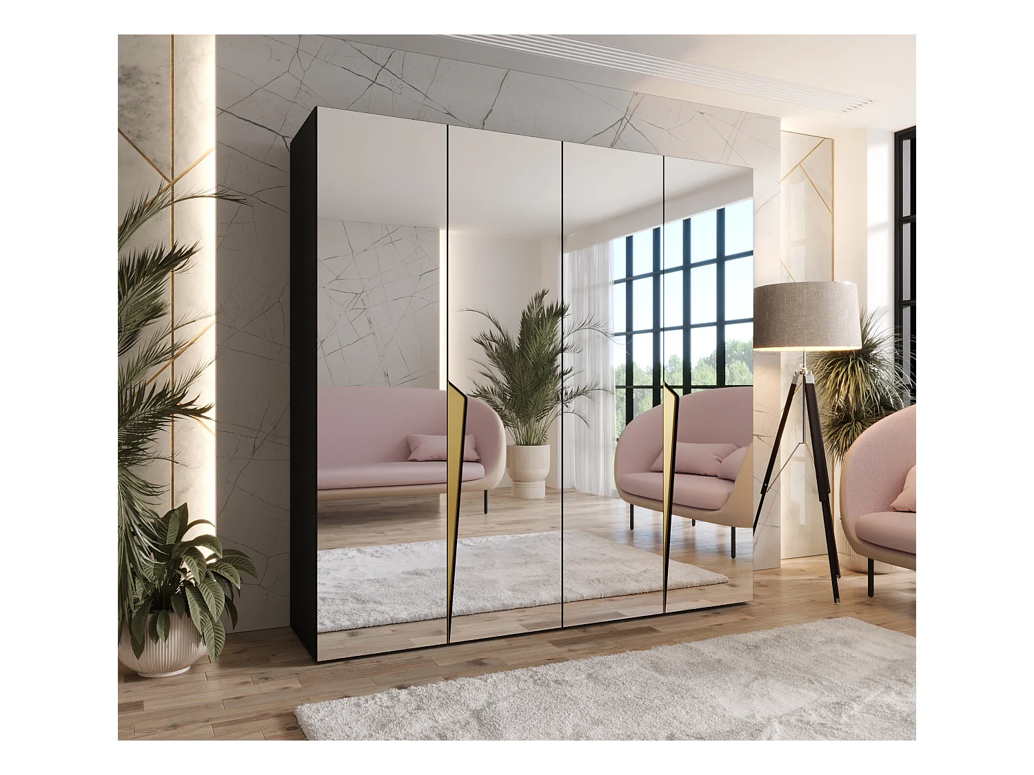 Armoire à portes battantes Piano 3 200 / 202 / 52 (Noir + poignées: Gold)
