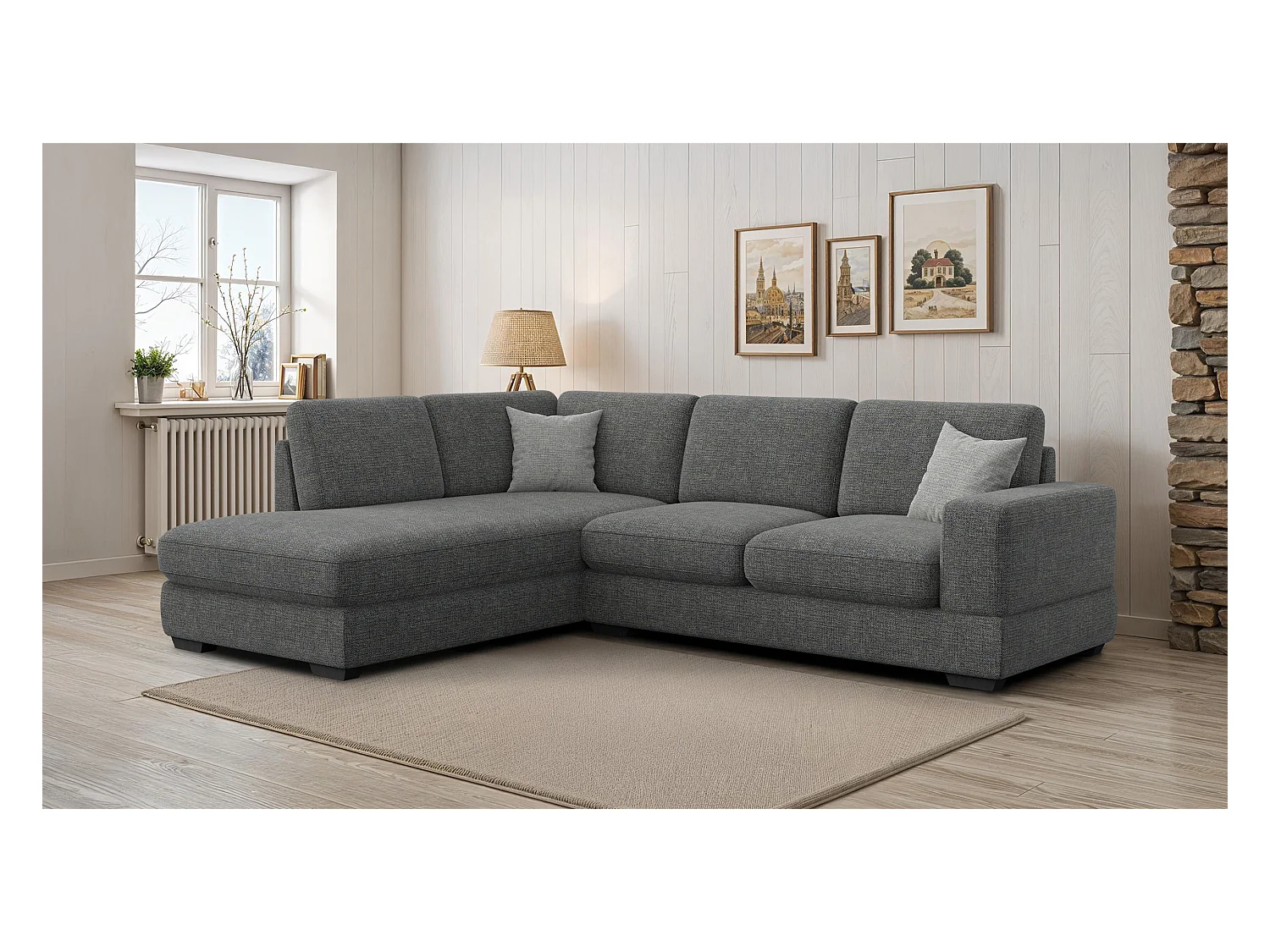 Canapé d'angle gauche 5 places OTTO, tissu anthracite