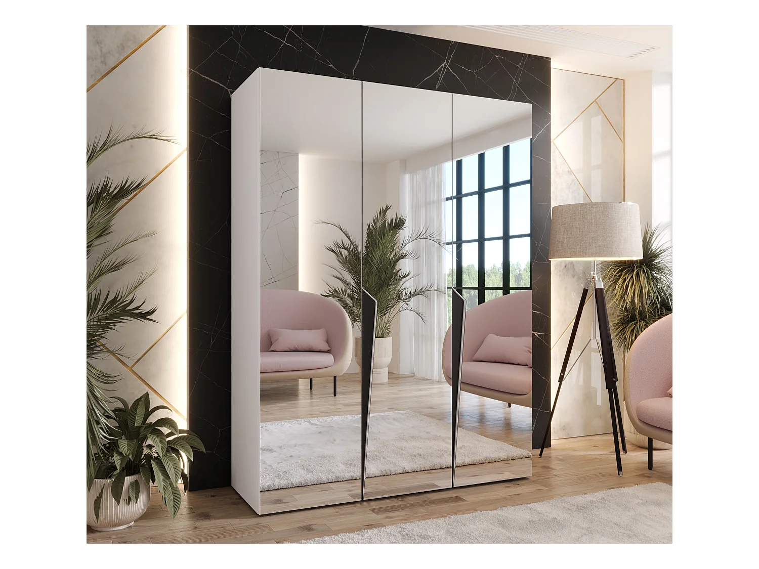 Armadio con ante a battente Piano 3 150 / 202 / 52 (Bianco + Maniglie: Nero)