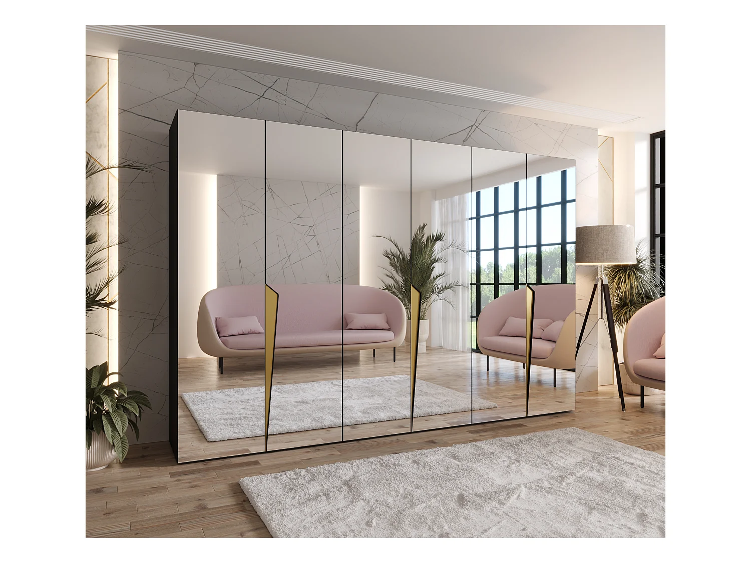 Armario con puertas batientes Piano 3 300 (100x3) / 202 / 52 (Negro + Asas: Oro)