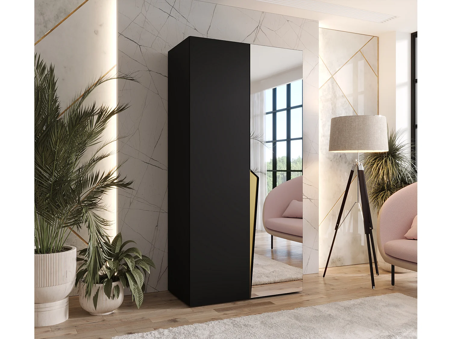 Armoire à portes battantes Piano 2 100 / 202 / 52 (Noir + poignées: Gold)