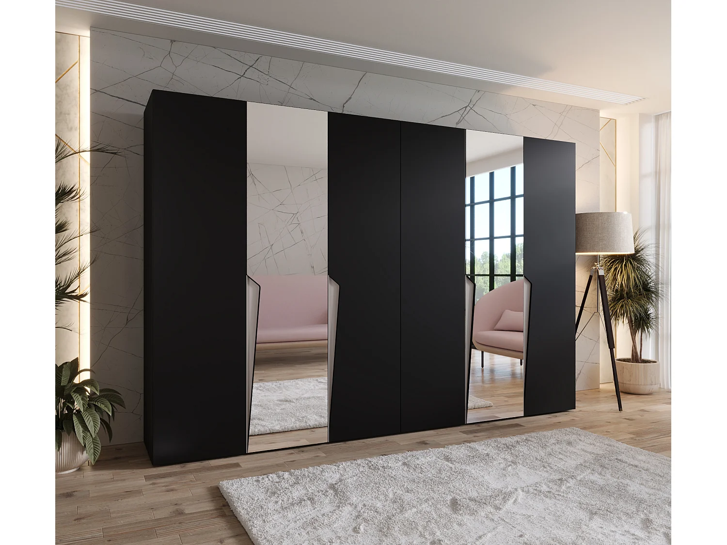 Armoire à portes battantes Piano 2 300 (150x2) / 202 / 52 (Noir + poignées: Cachemire)