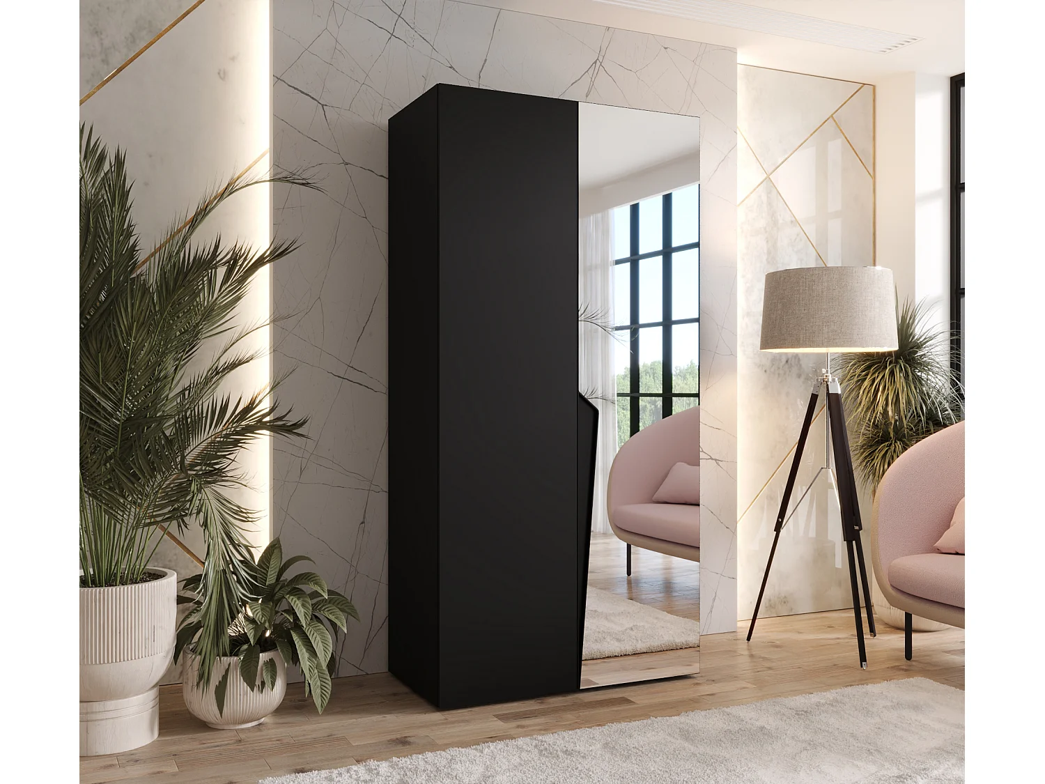 Armoire à portes battantes Piano 2 100 / 202 / 52 (Noir + poignées: Noir)