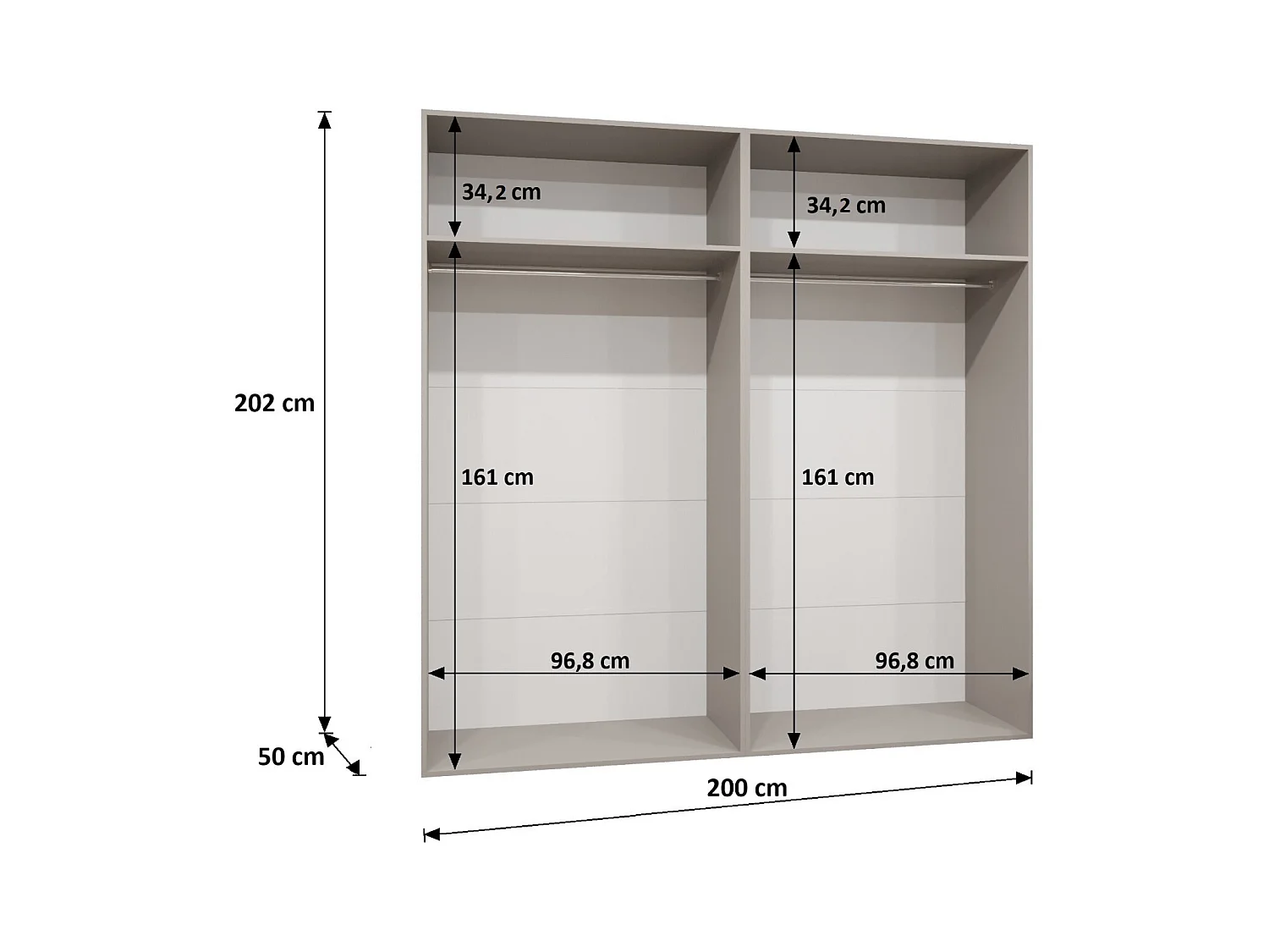 Armoire à portes battantes Piano 1 200 / 202 / 52 (Noir + poignées: Cachemire)