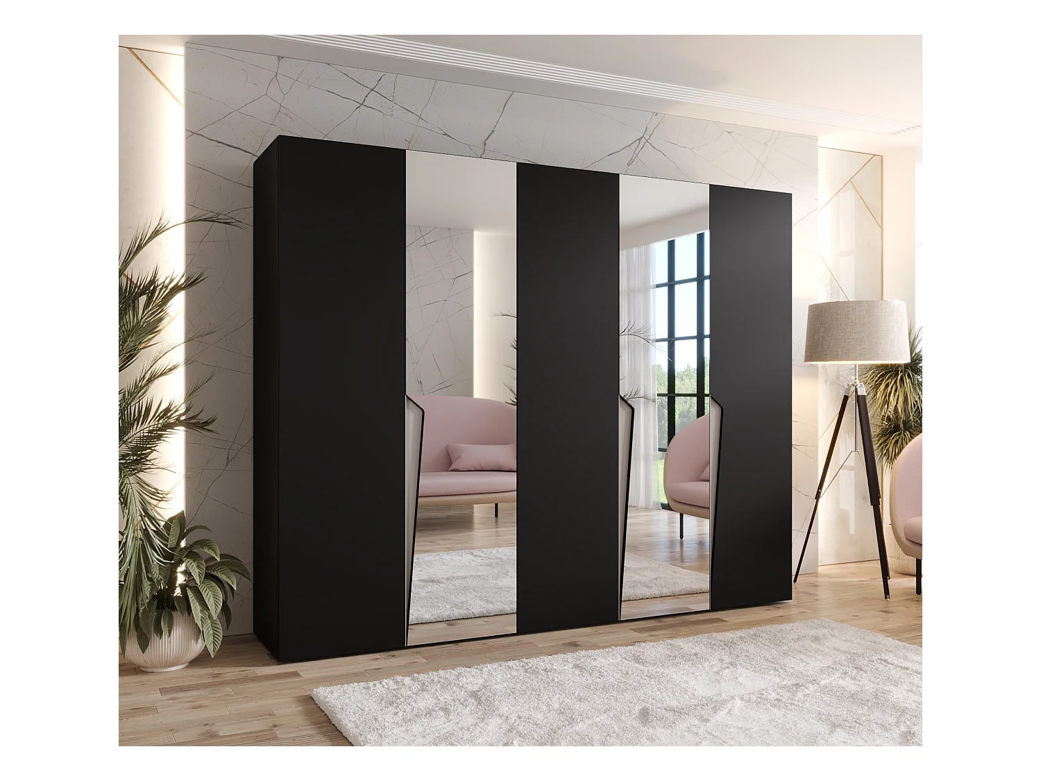 Armadio con ante a battente Piano 2 250 / 202 / 52 (Nero + Maniglie: Cashmere)