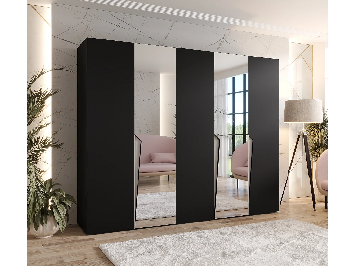 Armoire à portes battantes Piano 2 250 / 202 / 52 (Noir + poignées: Cachemire)