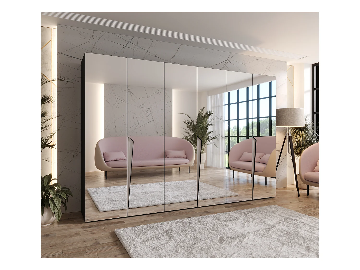 Armadio con ante a battente Piano 3 300 (100x3) / 202 / 52 (Nero + Maniglie: Cashmere)