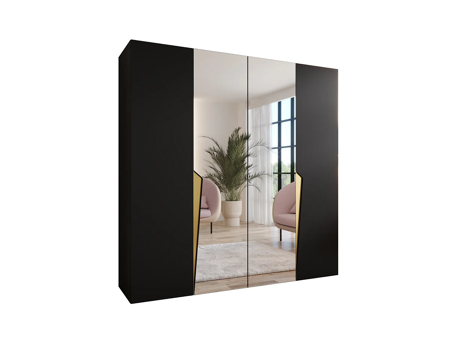 Armadio con ante a battente Piano 2 200 / 202 / 52 (Nero + Maniglie: Oro)