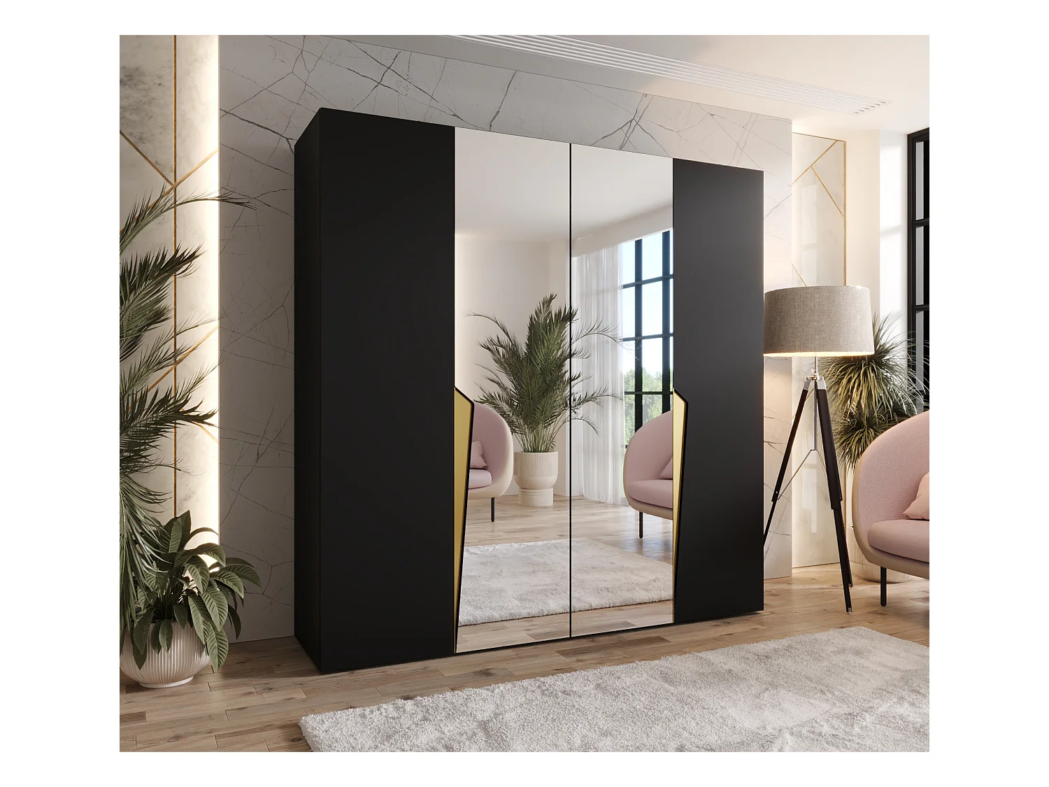 Armadio con ante a battente Piano 2 200 / 202 / 52 (Nero + Maniglie: Oro)