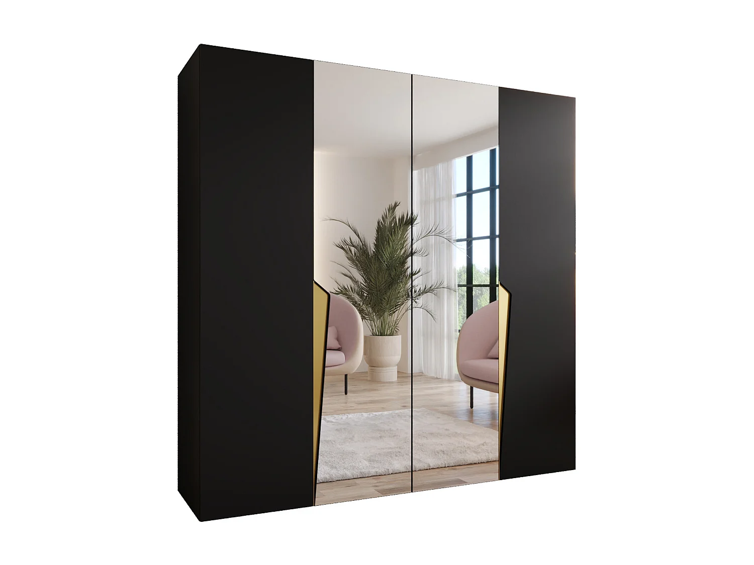 Armoire à portes battantes Piano 2 200 / 202 / 52 (Noir + poignées: Gold)