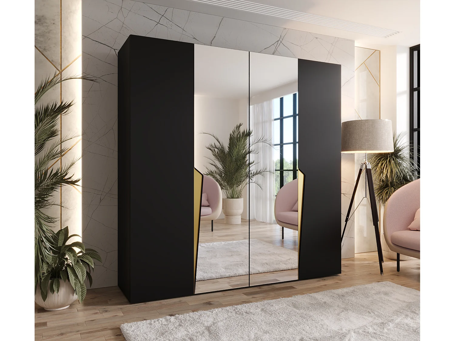 Armoire à portes battantes Piano 2 200 / 202 / 52 (Noir + poignées: Gold)