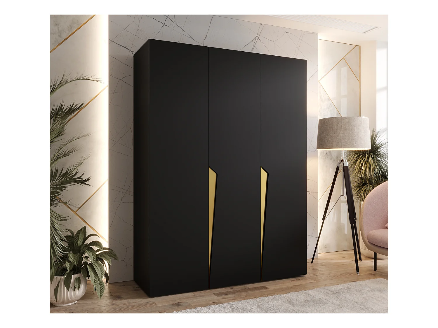 Armoire à portes battantes Piano 1 150 / 202 / 52 (Noir + poignées: Gold)