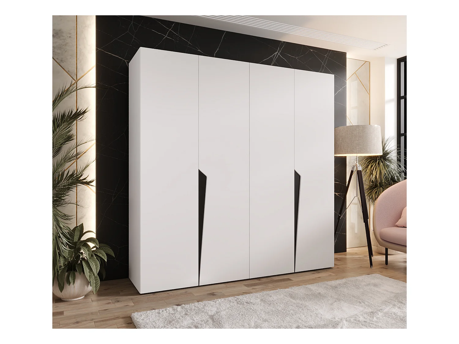 Armoire à portes battantes Piano 1 200 / 202 / 52 (Blanc + poignées: Noir)