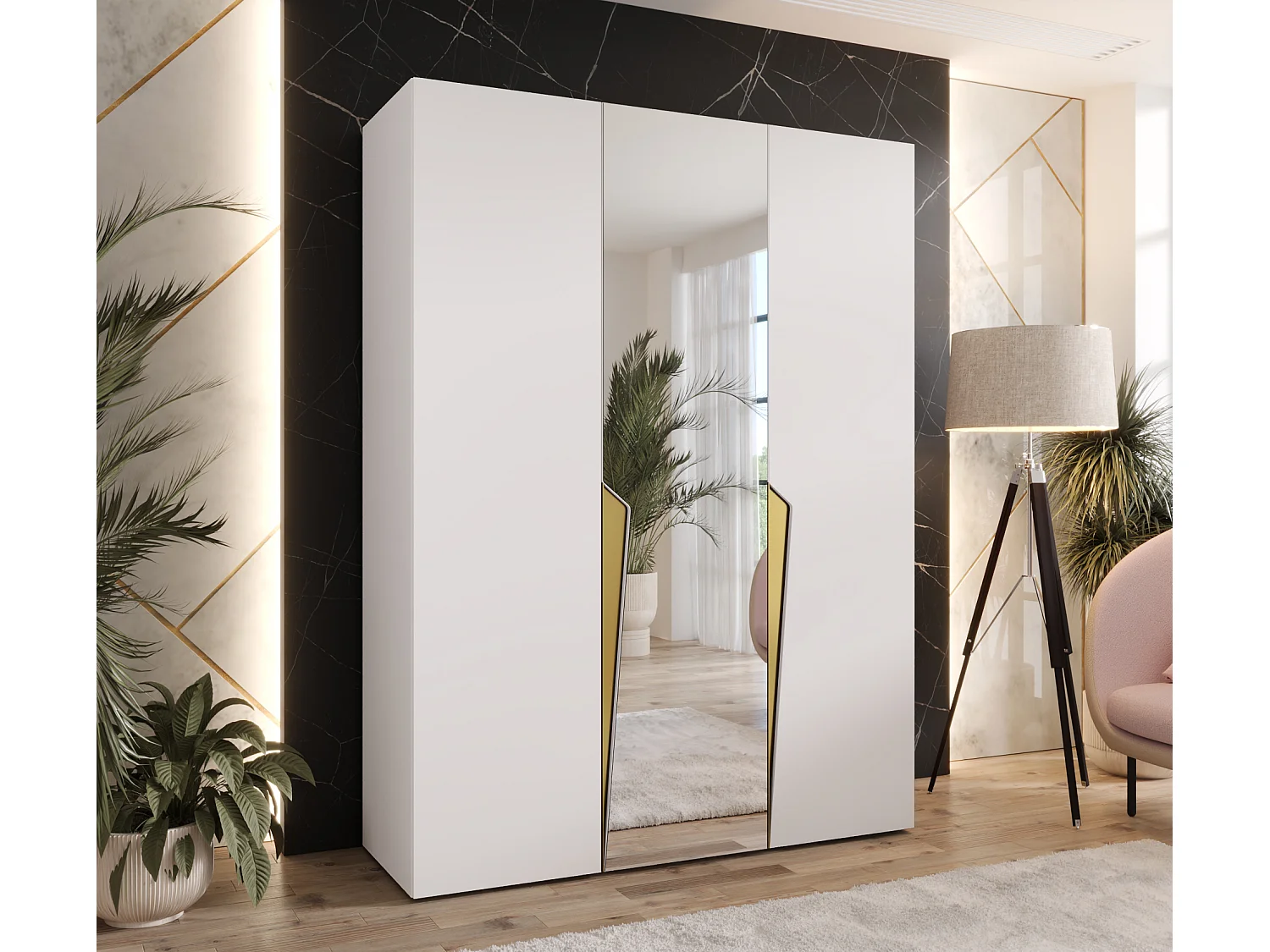 Draaideurkast Piano 2 150 / 202 / 52 (Wit + handgrepen: Goud)