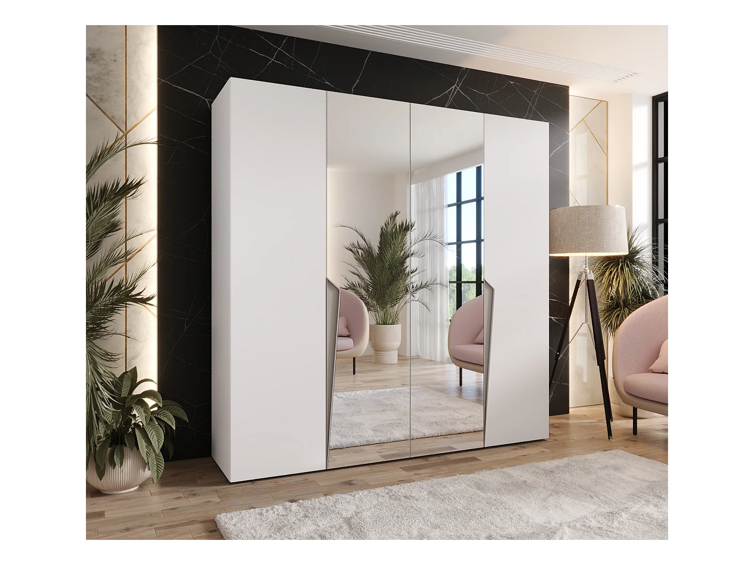 Armoire à portes battantes Piano 2 200 / 202 / 52 (Blanc + poignées: Cachemire)