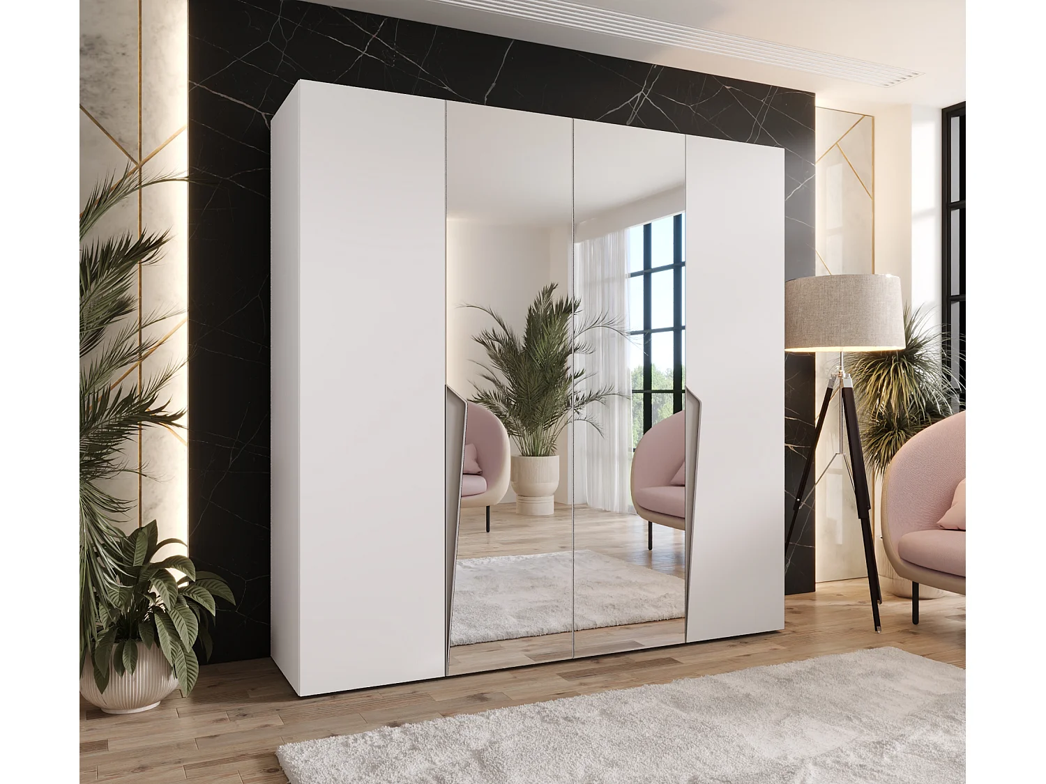 Armoire à portes battantes Piano 2 200 / 202 / 52 (Blanc + poignées: Cachemire)