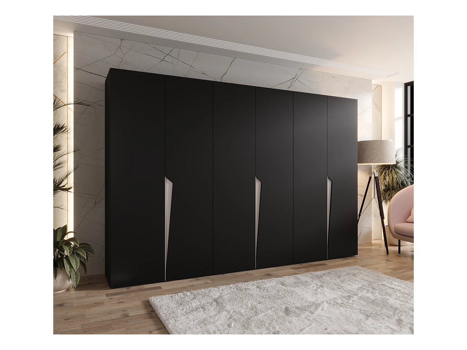 Armadio con ante a battente Piano 1 300 (100x3) / 202 / 52 (Nero + Maniglie: Cashmere)