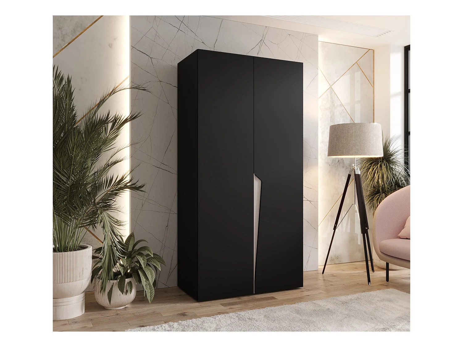 Drehtürenschrank Piano 1 100 / 202 / 52 (Schwarz + Griffe: Kaschmir)